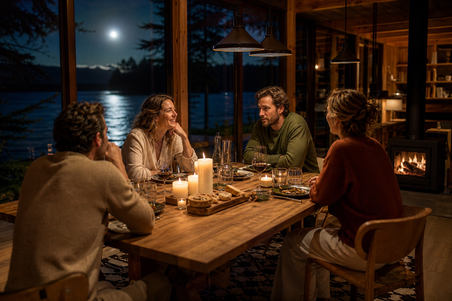 Two couples around a wooden dining table at night, candles lit between them. Floor-to-ceiling windows behind reveal a moonlit lake. A wood stove glows on the right. Warm conversation, candlelight on faces.