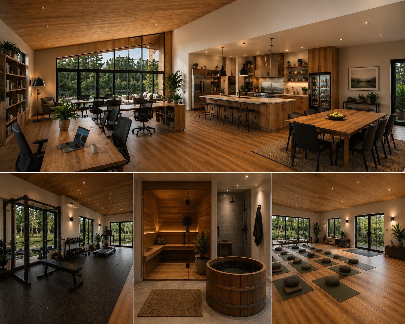 Four-panel view of the Core's interior: coworking with lakeside windows, central kitchen with dining tables, sauna with cold plunge, and yoga and meditation room.