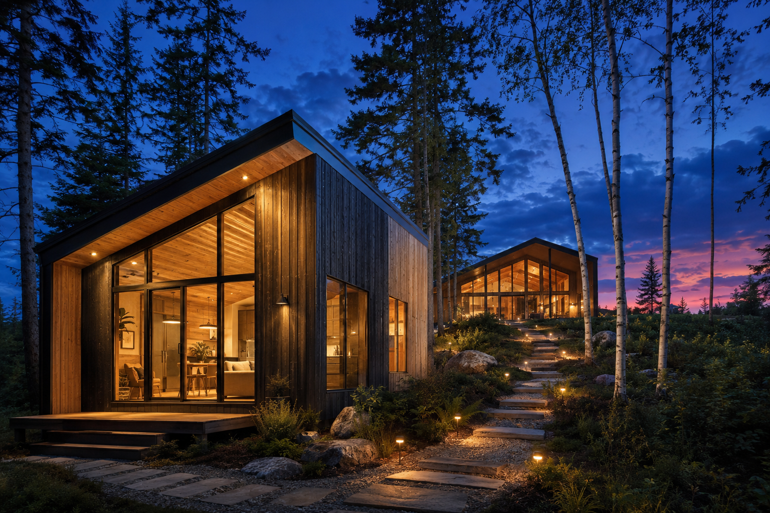 Two modern dark wood-clad homes in a forest at dusk, lit warmly from within. One in the foreground with floor-to-ceiling windows, a stone path with low lights leading to the second home in the middle distance. Deep blue and magenta sunset sky behind birch trees.