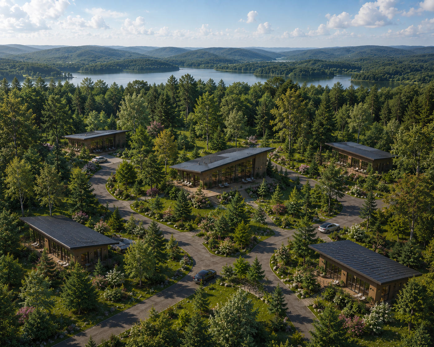 Aerial view of the Audela community: five homes nestled in Laurentian forest, a lake in the middle distance, and rolling hills on the horizon.