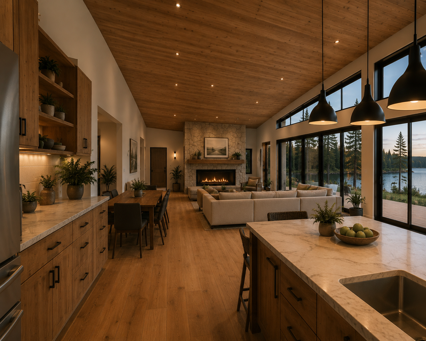The interior of an Audela home: open-plan kitchen, dining, and living, with wood ceilings and a wall of glass facing the lake at dusk.