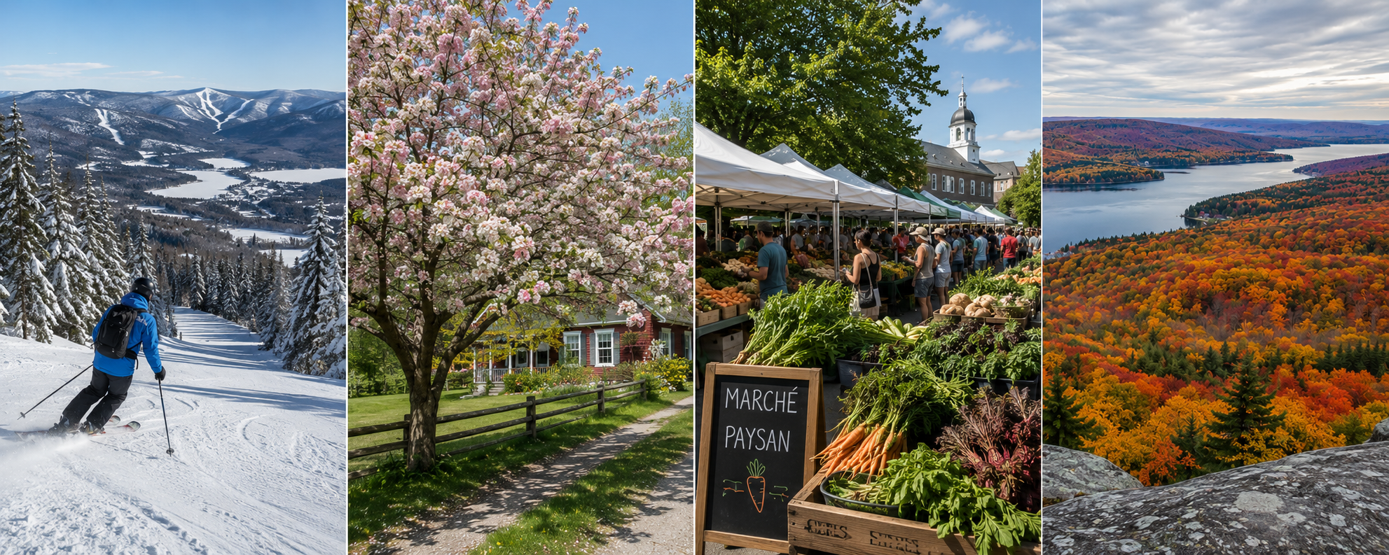 Four-season collage of the Laurentians: skiing on a snowy slope, a country home in spring blossom, a farmers' market with fresh produce, and a lake framed by autumn foliage.